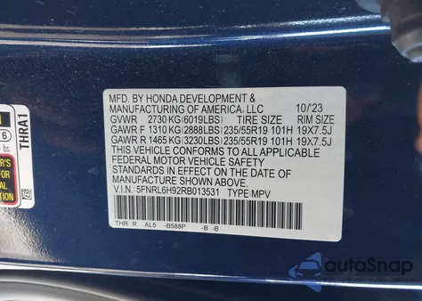 2024 Honda Odyssey Elite из США, поврежденный, VIN 5FNRL6H92RB013531